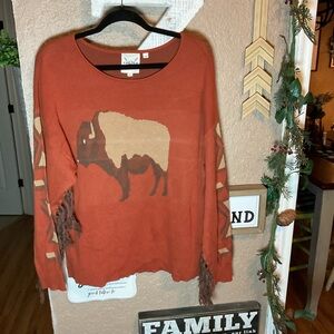 Cotton Rye Burnt Orange Western Buffalo Sweater Brown Fringe Sleeves Size Large